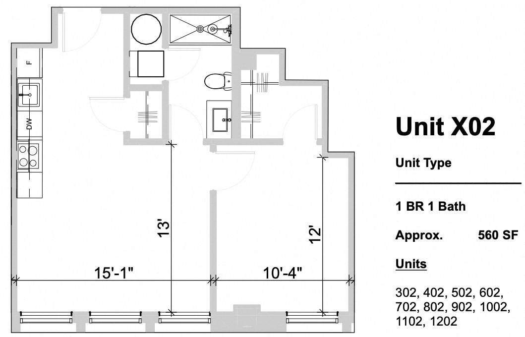 Floor plan layout diagram for 1 Bed 1 Bath - X02